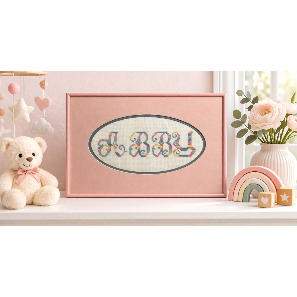 Personalized Abby Cross Stitch Wall‎ Art Baby Girl Nursery Pink Framed Decor
